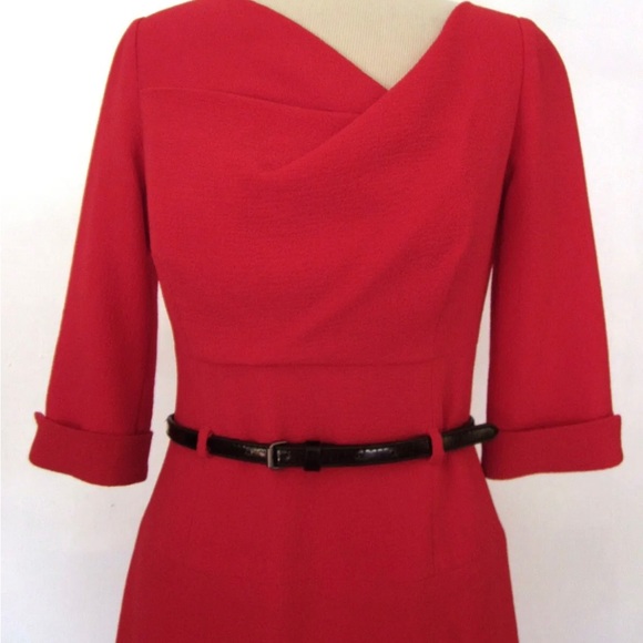 Black Halo Red Pink Belted Jackie O 3/4 Sleeve Dress Crepe Textured Size 4 - Picture 3 of 8